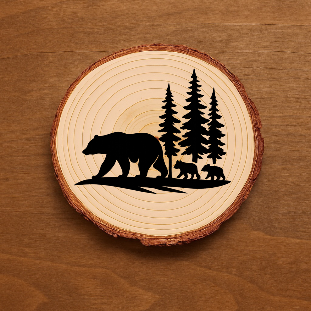 Bear Family Coaster Set – Rustic Wildlife Cabin Décor, Laser-Engraved Coasters, Wood or Slate Options (Set of 4)