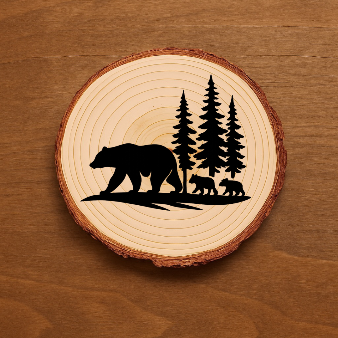 Bear Family Coaster Set – Rustic Wildlife Cabin Décor, Laser-Engraved Coasters, Wood or Slate Options (Set of 4)