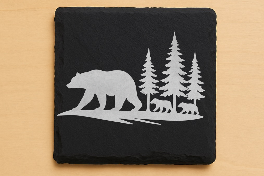 Bear Family Coaster Set – Rustic Wildlife Cabin Décor, Laser-Engraved Coasters, Wood or Slate Options (Set of 4)