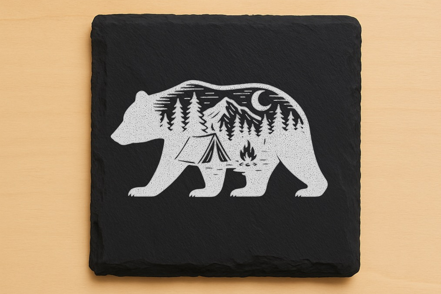 Bear Family Coaster Set – Rustic Wildlife Cabin Décor, Laser-Engraved Coasters, Wood or Slate Options (Set of 4)