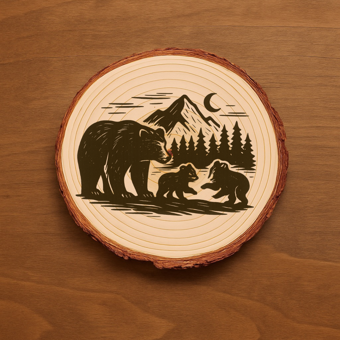 Bear Family Coaster Set – Rustic Wildlife Cabin Décor, Laser-Engraved Coasters, Wood or Slate Options (Set of 4)