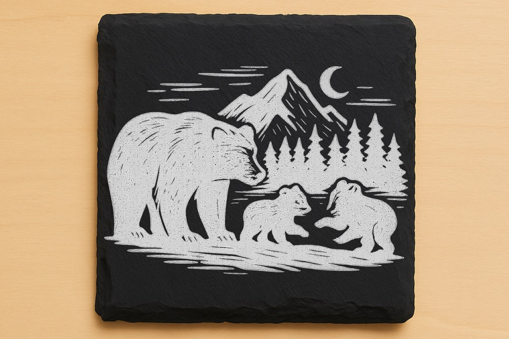 Bear Family Coaster Set – Rustic Wildlife Cabin Décor, Laser-Engraved Coasters, Wood or Slate Options (Set of 4)