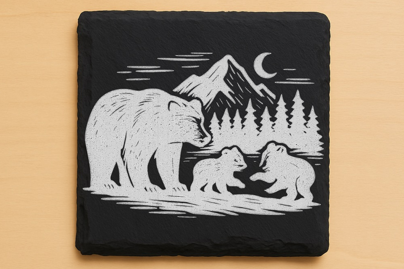 Bear Family Coaster Set – Rustic Wildlife Cabin Décor, Laser-Engraved Coasters, Wood or Slate Options (Set of 4)