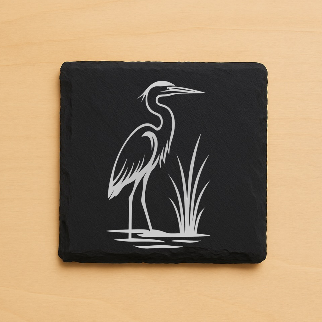Marsh Life Engraved Coasters | Coastal Heron & Lowcountry Marsh Design | Wood or Slate
