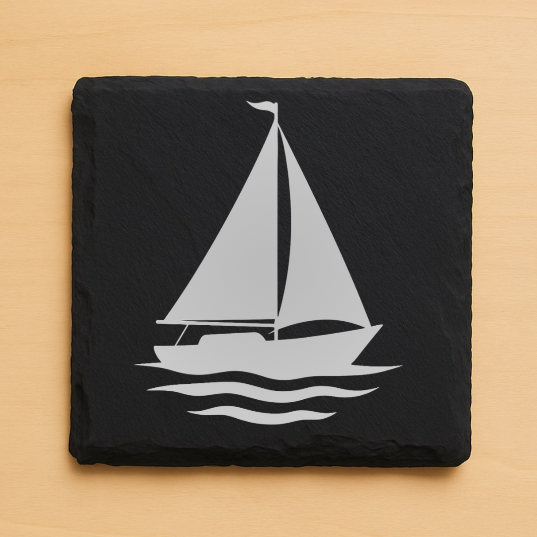 Nautical Coastal Coasters Set – Sailboat, Lighthouse & Anchor Engraved Wood or Slate Coasters