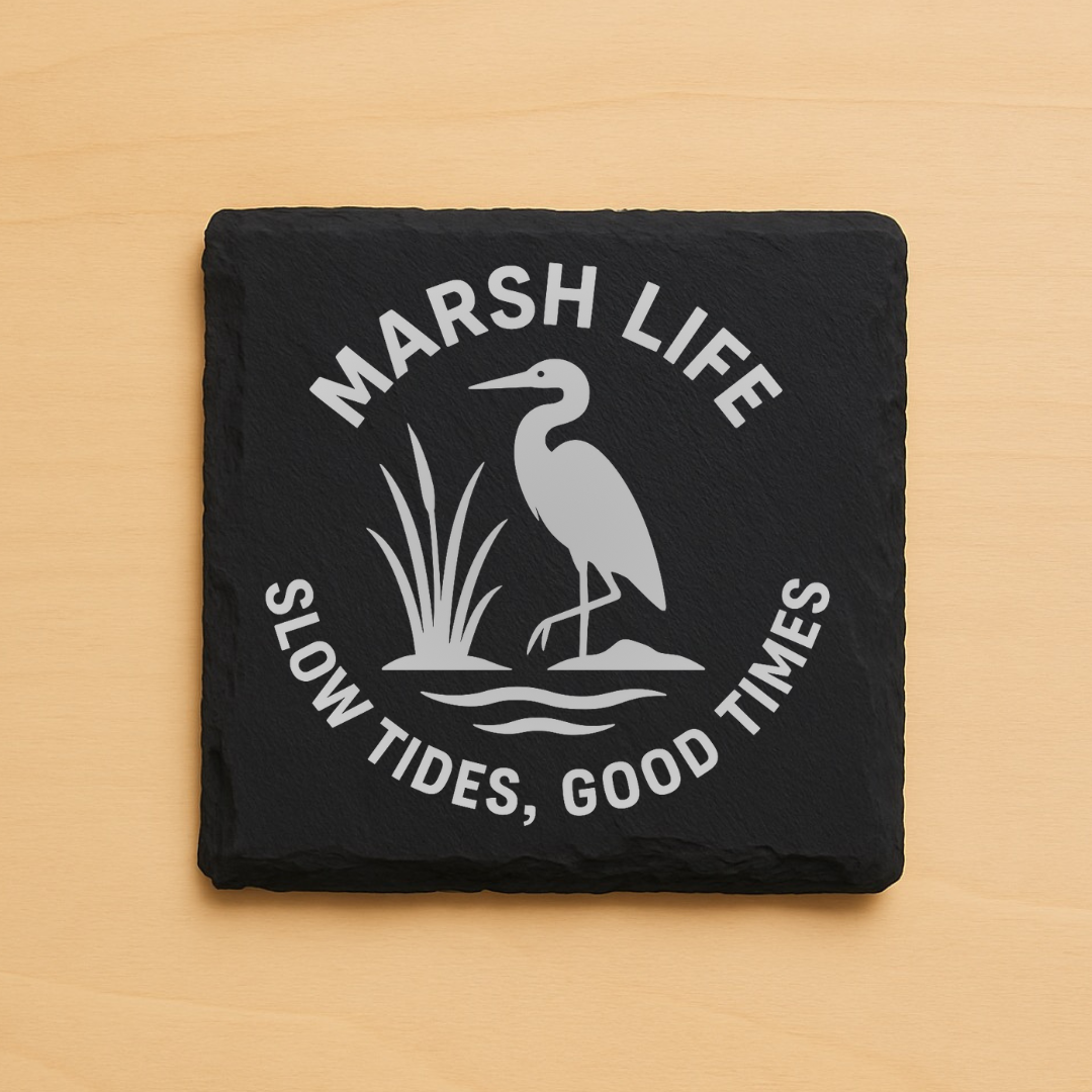 Marsh Life Engraved Coasters | Coastal Heron & Lowcountry Marsh Design | Wood or Slate