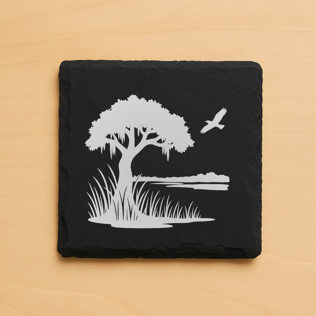 Marsh Life Engraved Coasters | Coastal Heron & Lowcountry Marsh Design | Wood or Slate