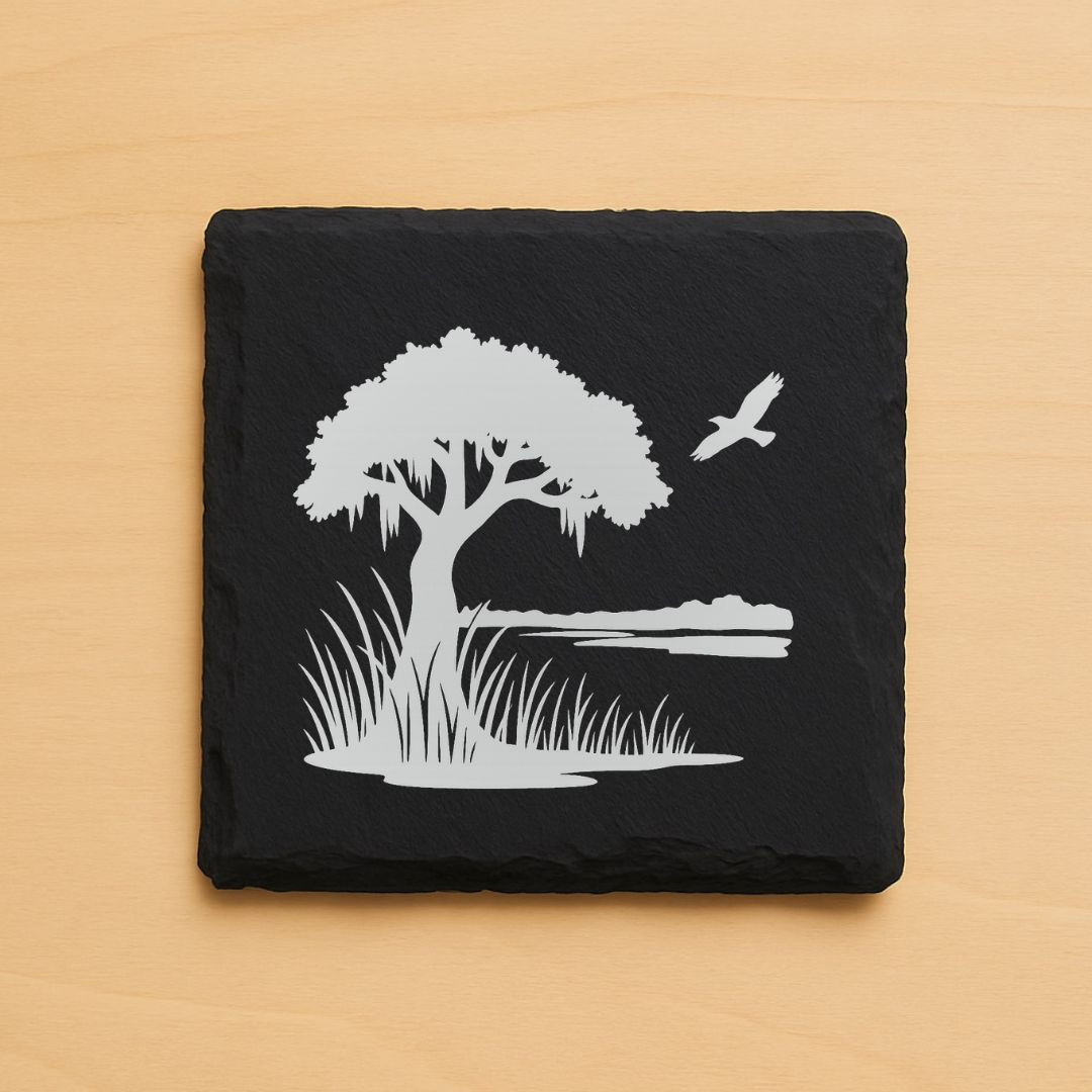 Marsh Life Engraved Coasters | Coastal Heron & Lowcountry Marsh Design | Wood or Slate
