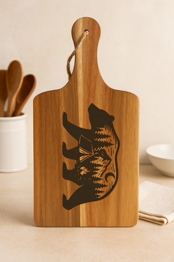 Acacia Serving Board with Bear Silhouette and Forest Engraving