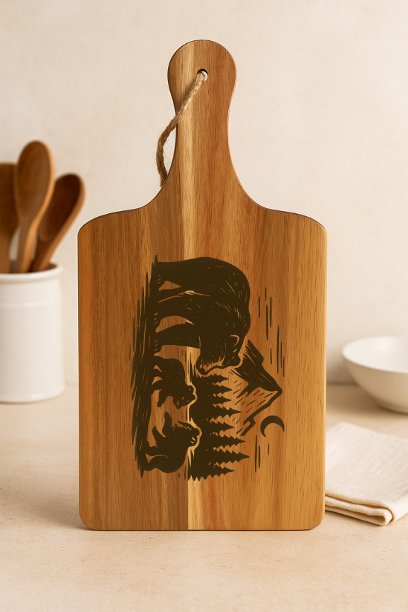 Acacia Serving Board with Bear and Mountain Scene Engraving
