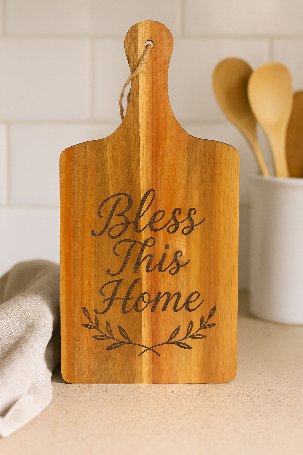 Acacia Serving Board with Bless This Home Engraving