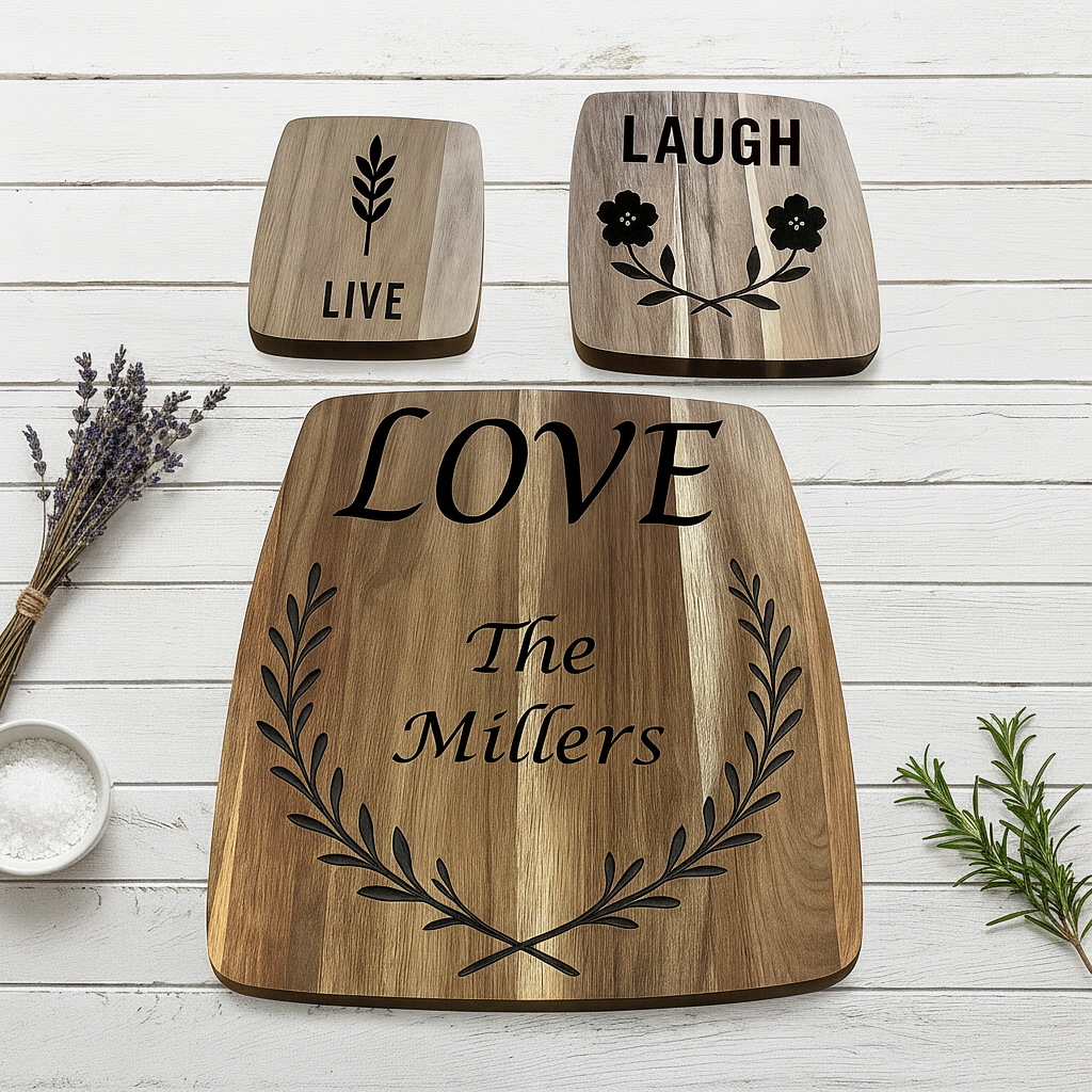 Live Laugh Love Cutting Board Set – Optional Custom Family Name Engraving