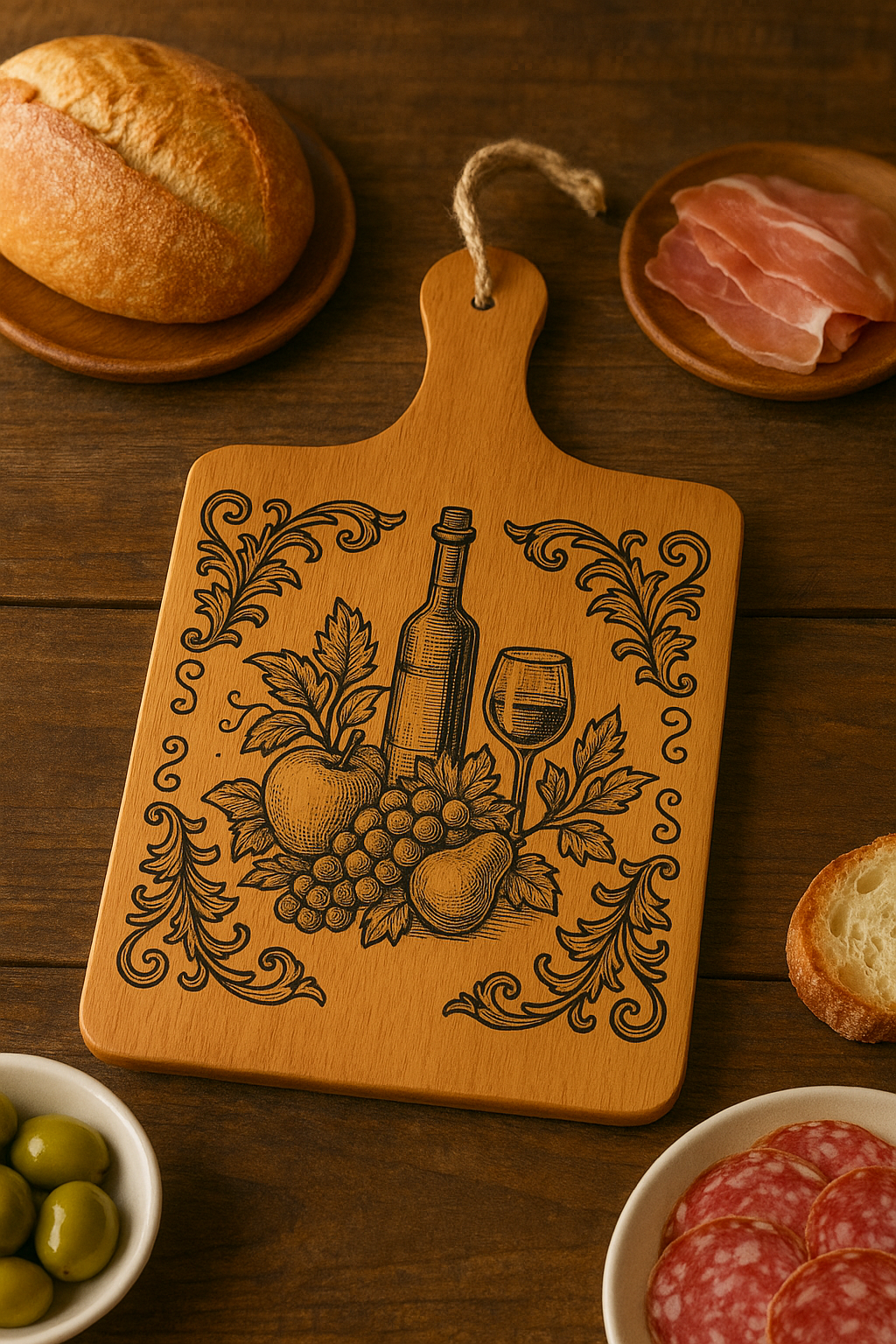 Acacia Serving Board with Vintage Wine and Fruit Engraving