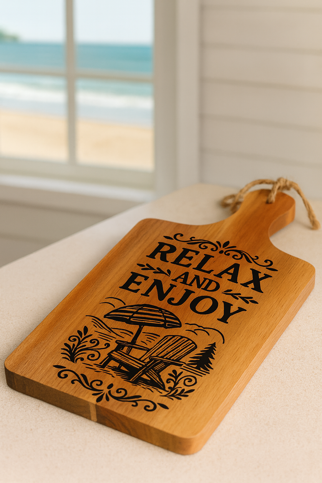 Acacia Serving Board with Relax and Enjoy Beach Scene Engraving