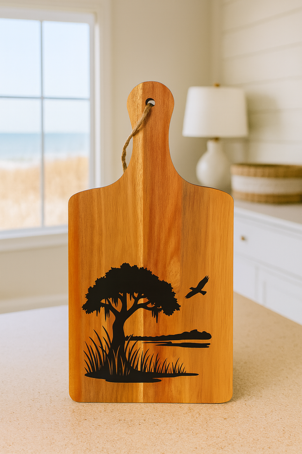 Acacia Serving Board with Marsh Scene Engraving