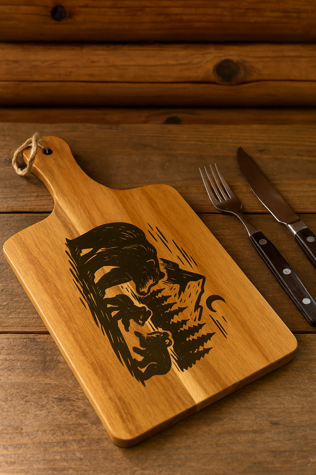 Acacia Serving Board with Bear and Mountain Scene Engraving