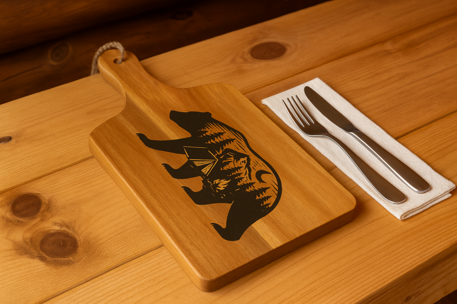 Acacia Serving Board with Bear Silhouette and Forest Engraving