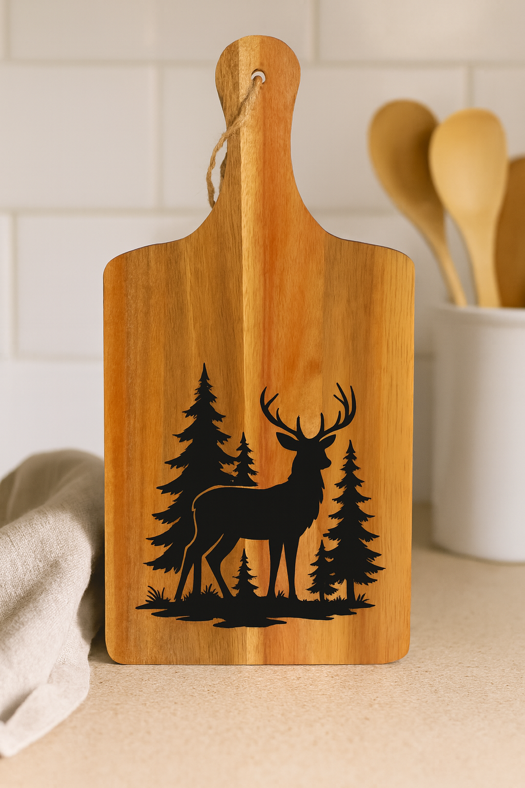 Acacia Serving Board with Deer and Pine Forest Engraving