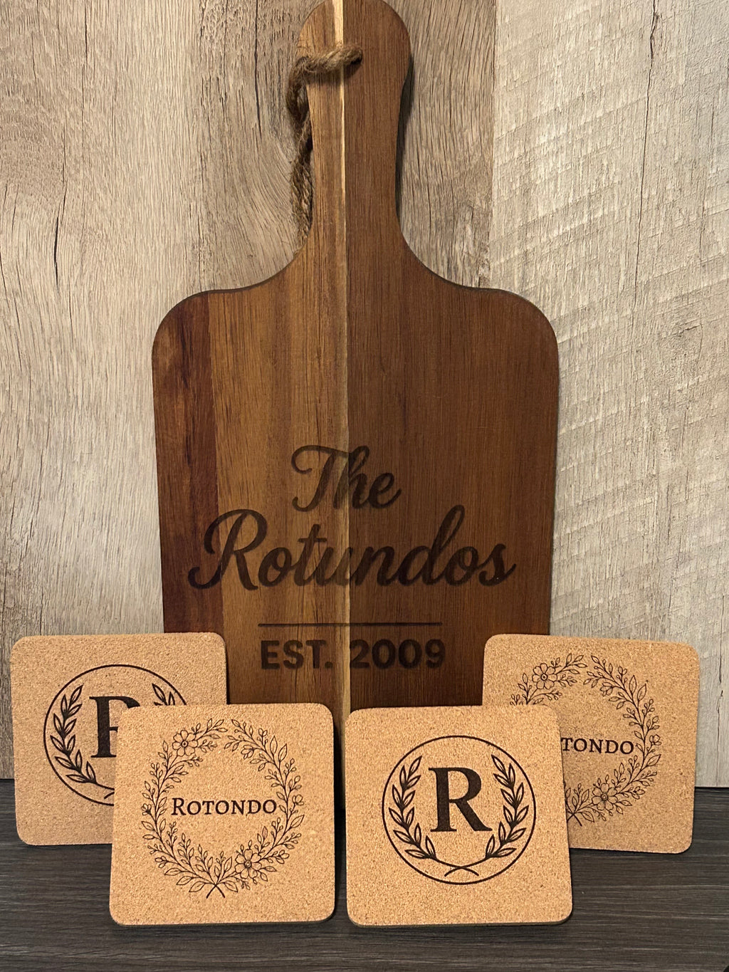 Personalized Cutting Board & Coaster Set – Custom Family Name Housewarming Gift | Closing Gift