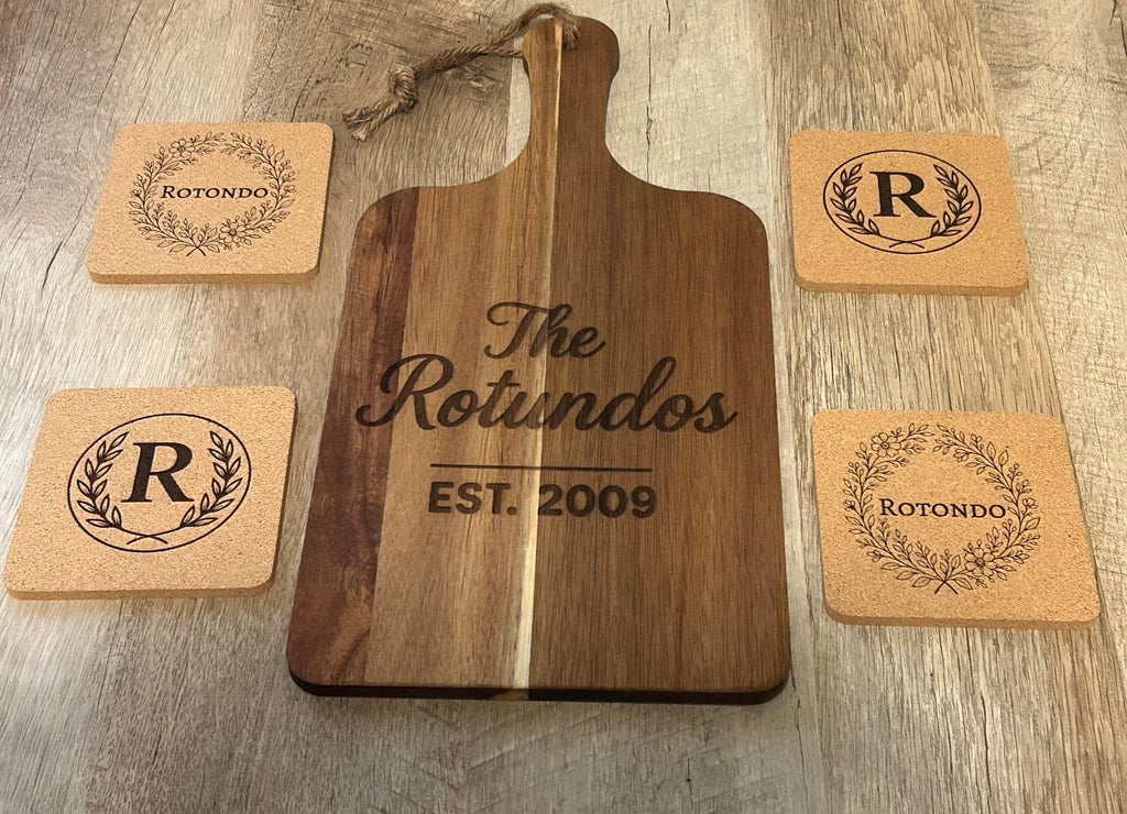 Personalized Cutting Board & Coaster Set – Custom Family Name Housewarming Gift | Closing Gift