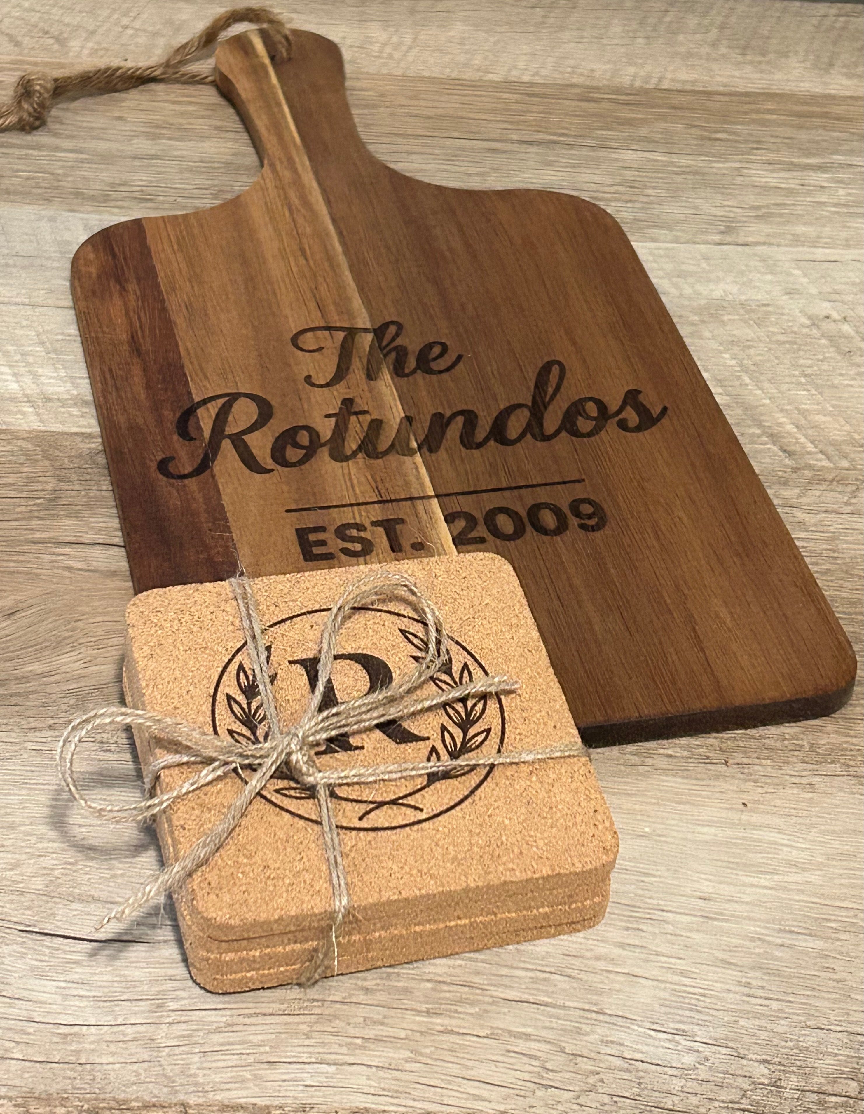 Personalized Cutting Board & Coaster Set – Custom Family Name Housewarming Gift | Closing Gift