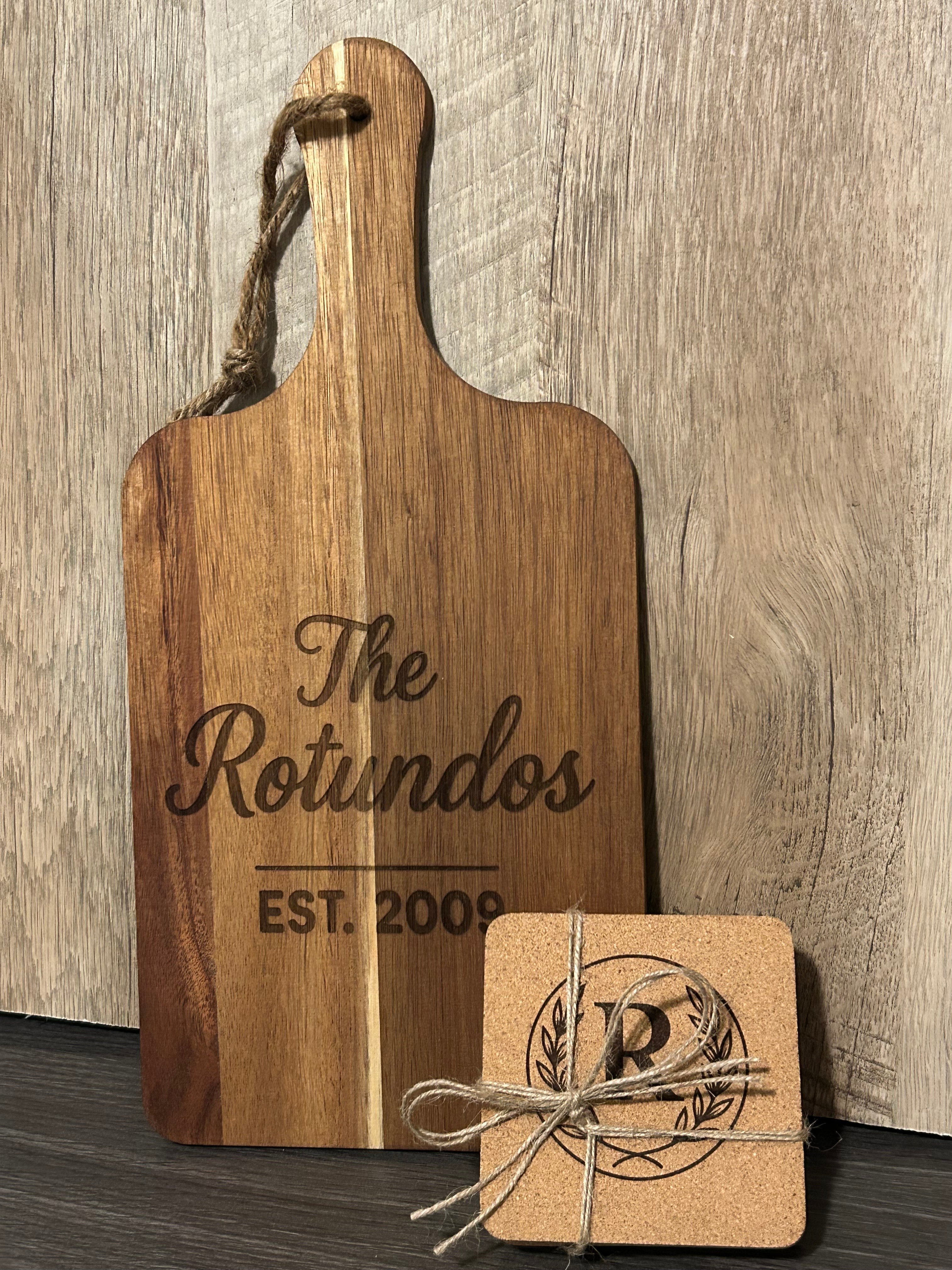Personalized Cutting Board & Coaster Set – Custom Family Name Housewarming Gift | Closing Gift