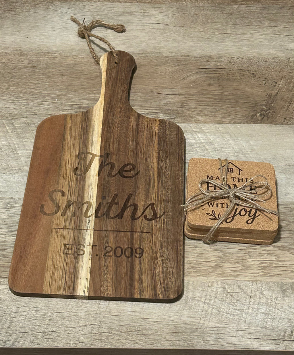 Personalized Real Estate Closing Gift Set – Engraved Cutting Board & Cork Coasters – Realtor Client Thank You Gift