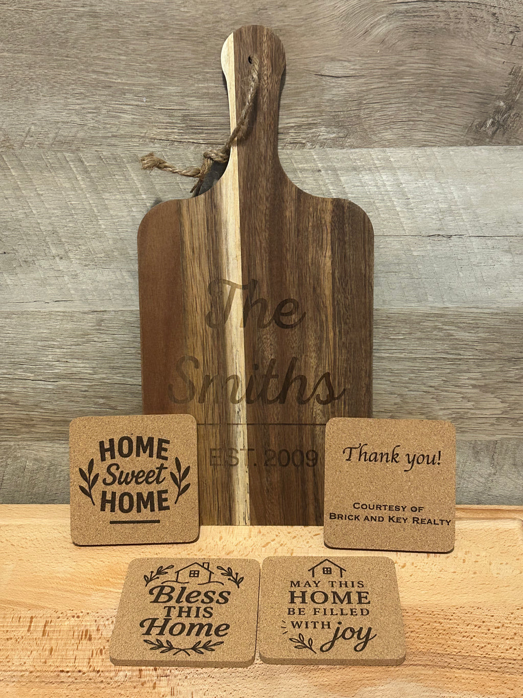 Personalized Real Estate Closing Gift Set – Engraved Cutting Board & Cork Coasters – Realtor Client Thank You Gift