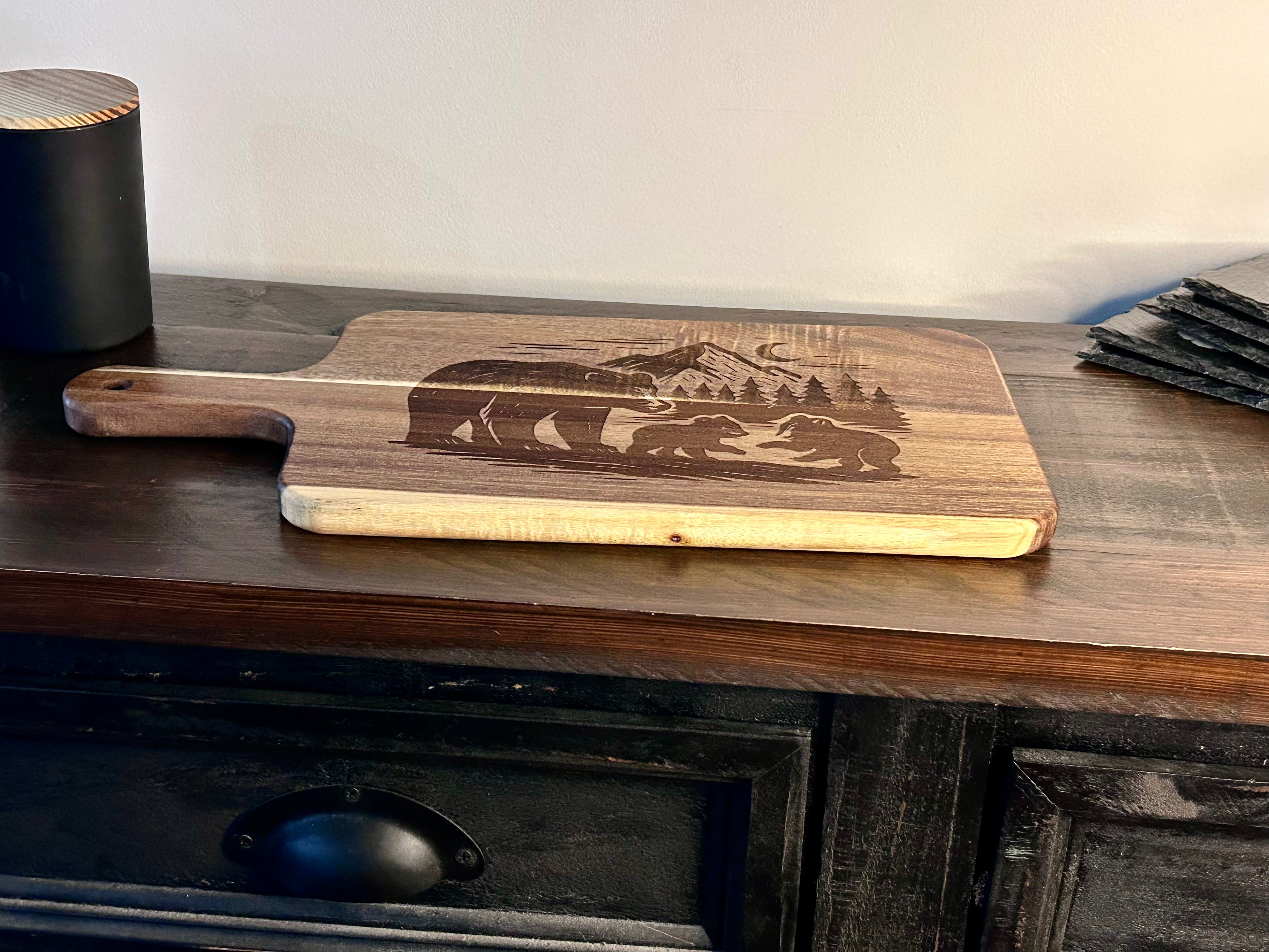 Acacia Serving Board with Bear and Mountain Scene Engraving