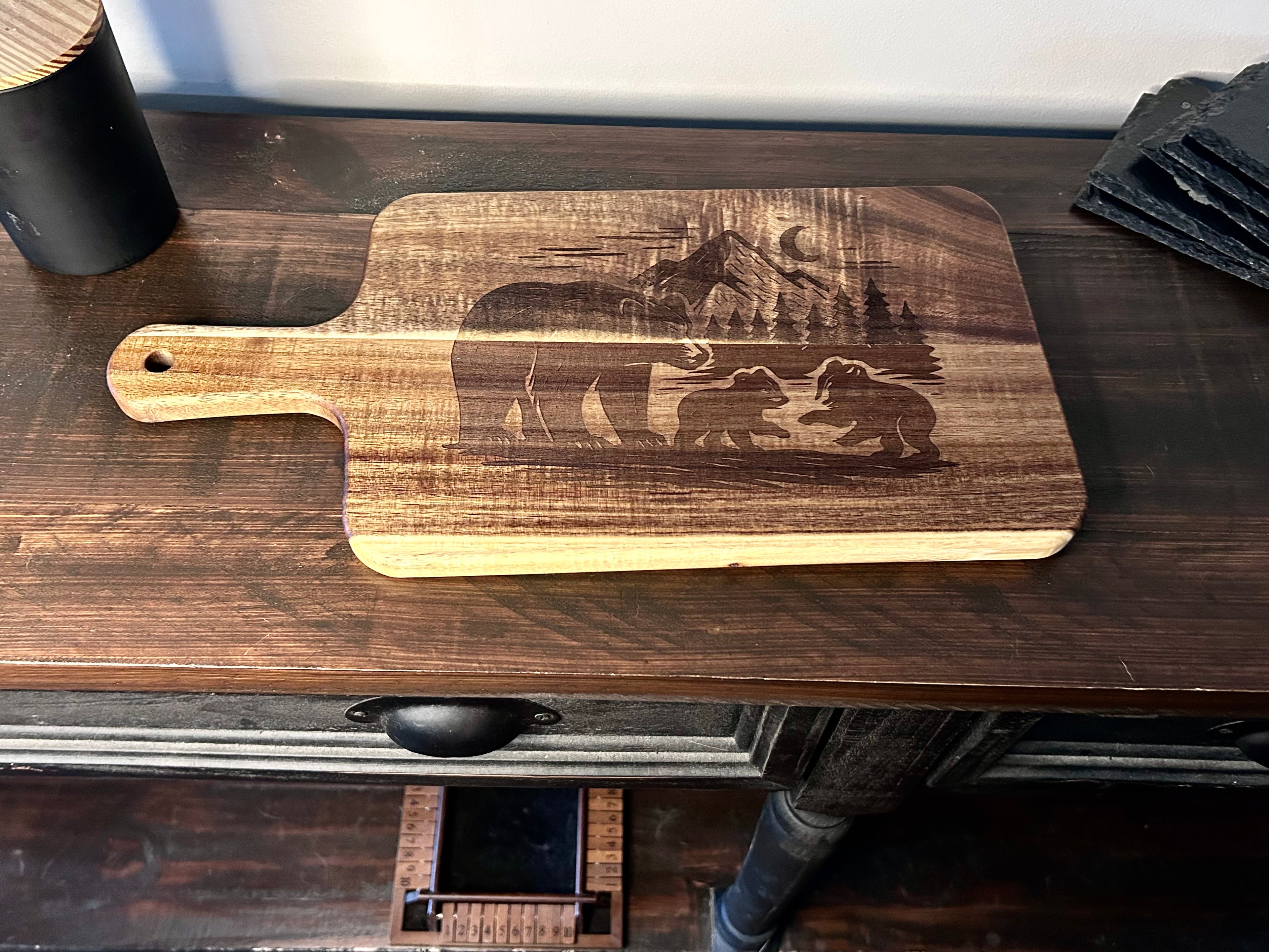 Acacia Serving Board with Bear and Mountain Scene Engraving