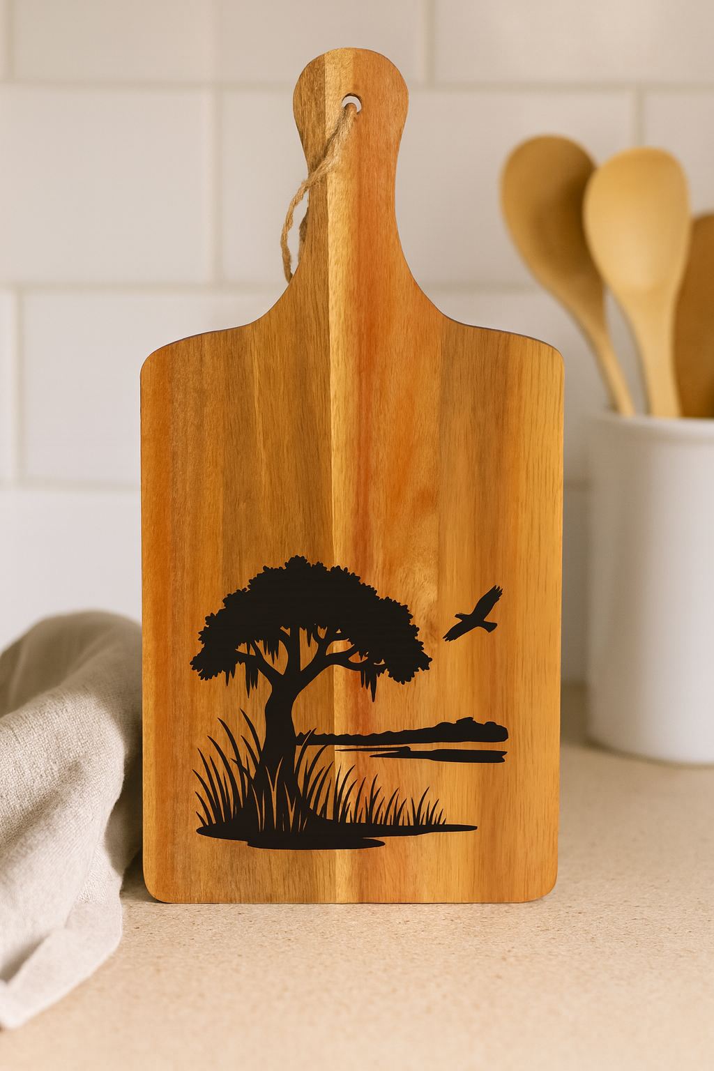 Acacia Serving Board with Marsh Scene Engraving