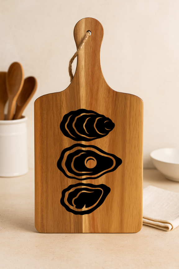 Acacia Serving Board with Oyster Trio Engraving
