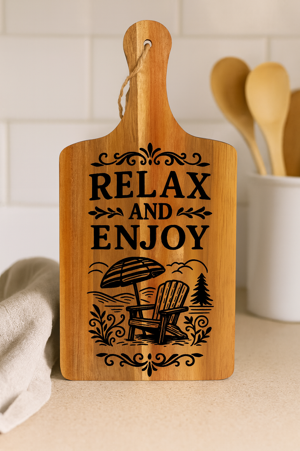 Acacia Serving Board with Relax and Enjoy Beach Scene Engraving