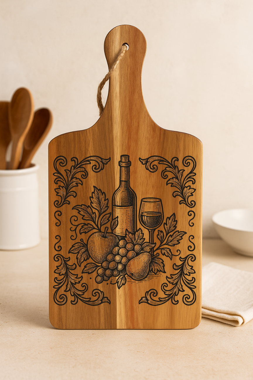 Acacia Serving Board with Vintage Wine and Fruit Engraving