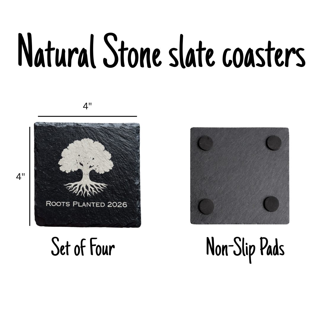Housewarming Coasters for Couple | Personalized with Initials and Year | Engraved Slate with Tree Design