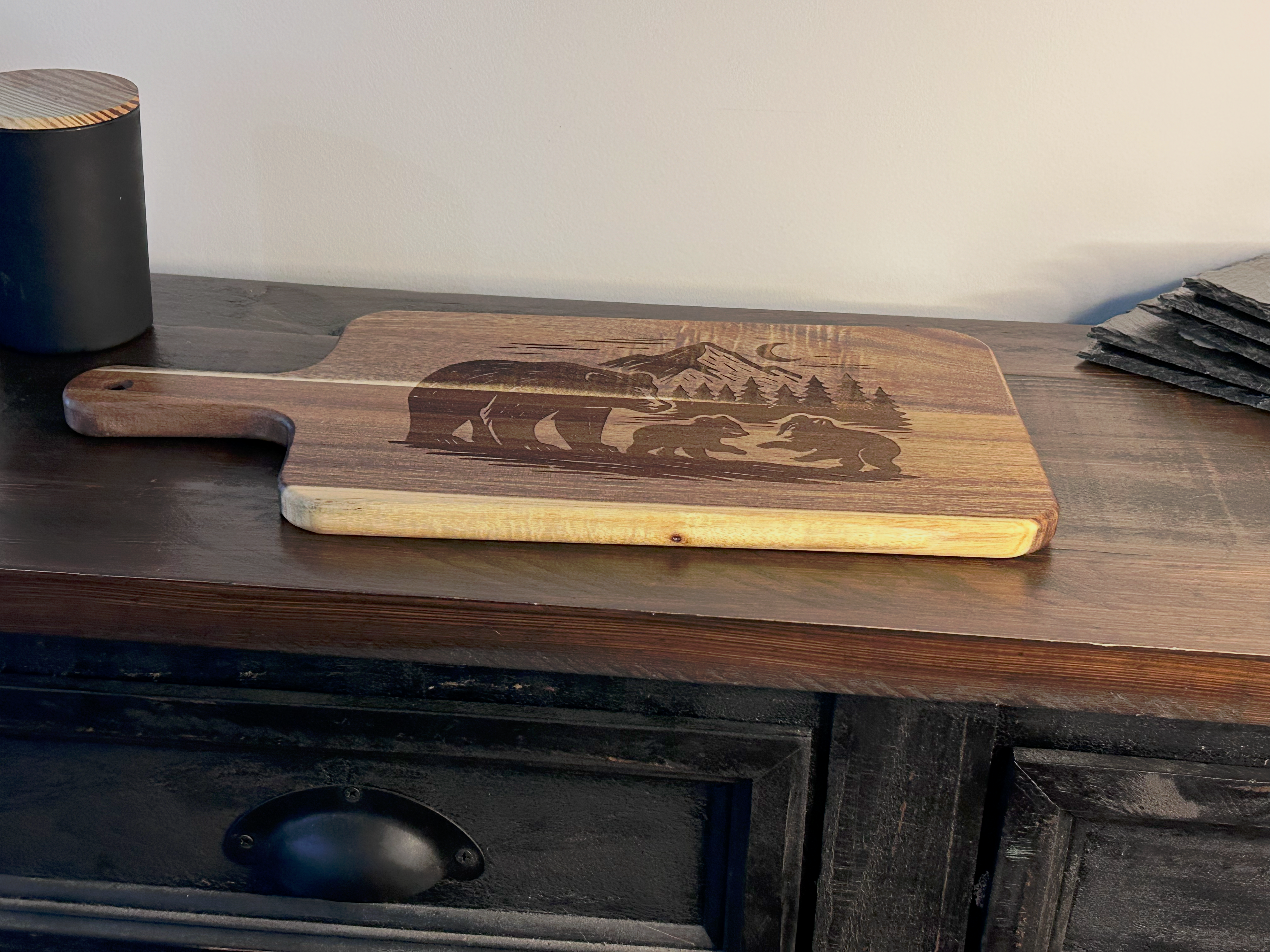 Acacia Serving Board with Bear and Mountain Scene Engraving