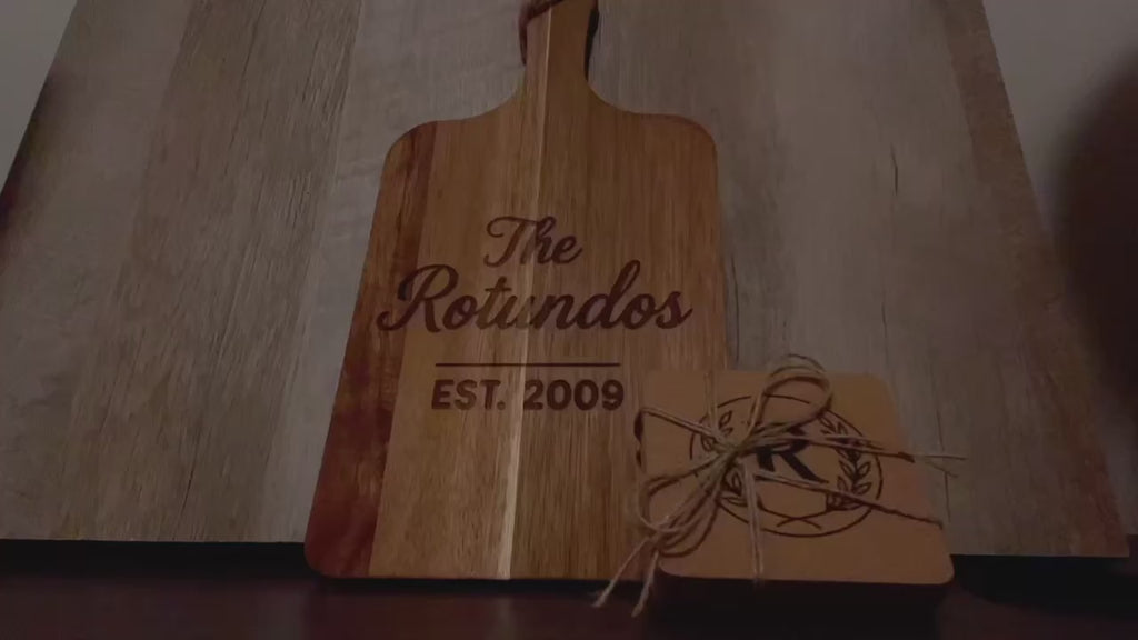 Personalized Cutting Board & Coaster Set – Custom Family Name Housewarming Gift | Closing Gift