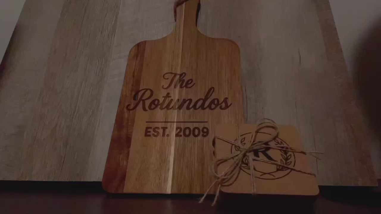 Personalized Cutting Board & Coaster Set – Custom Family Name Housewarming Gift | Closing Gift