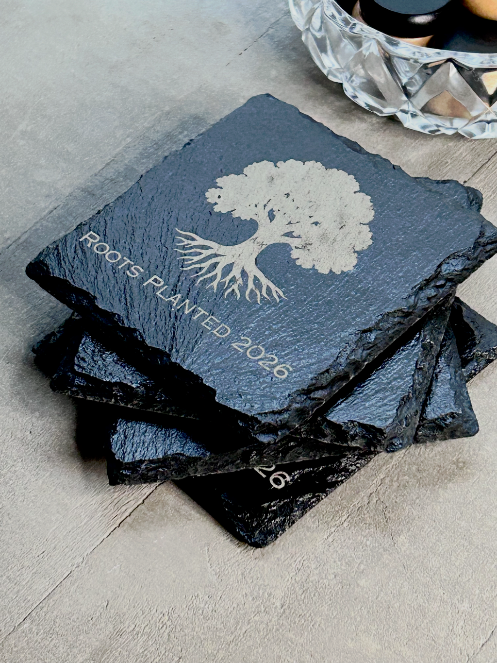 Housewarming Coasters for Couple | Personalized with Initials and Year | Engraved Slate with Tree Design