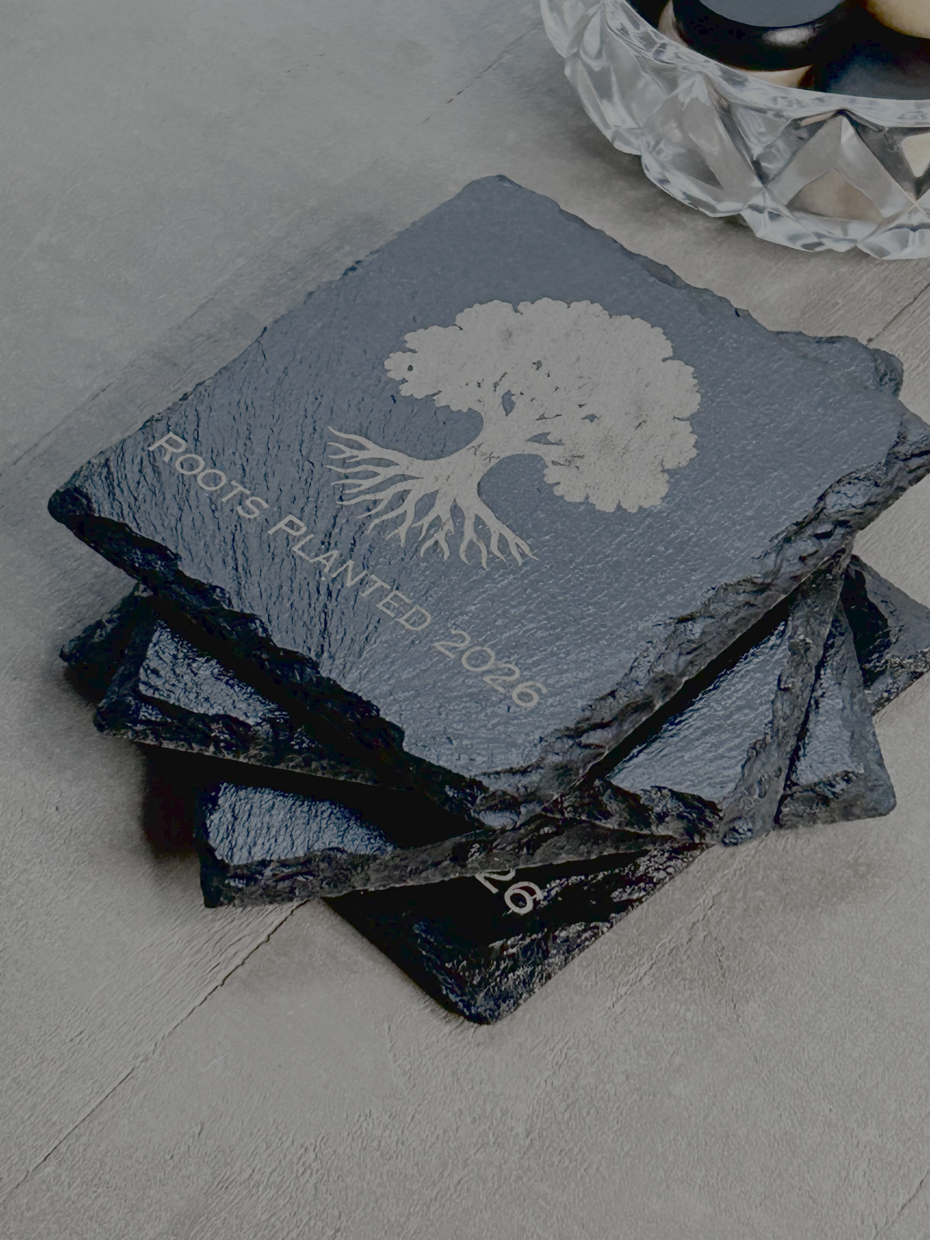 Housewarming Coasters for Couple | Personalized with Initials and Year | Engraved Slate with Tree Design