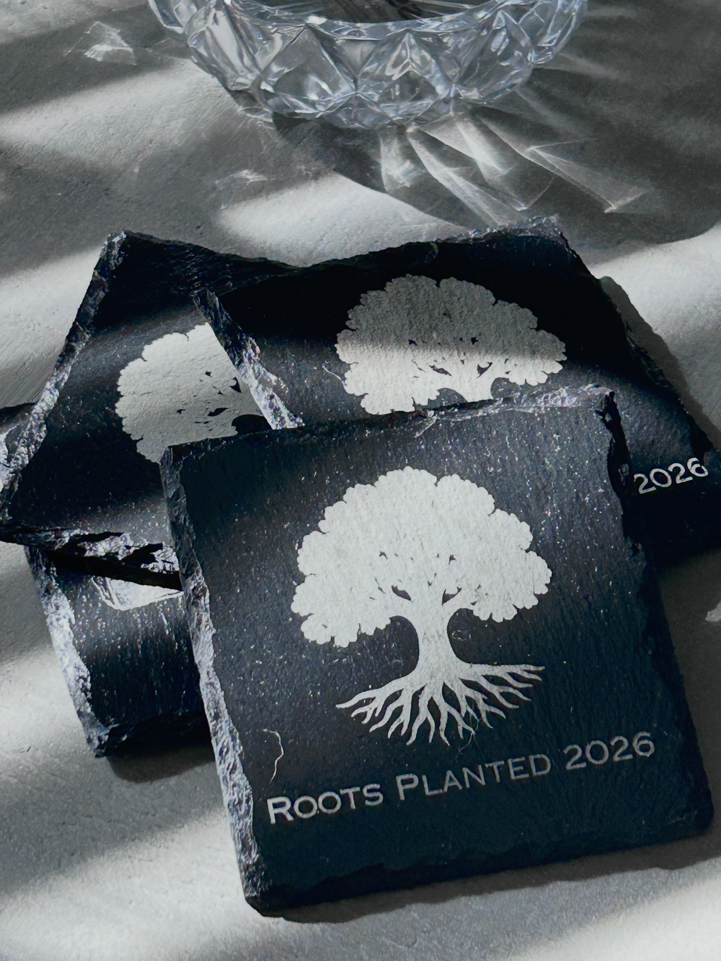 Housewarming Coasters for Couple | Personalized with Initials and Year | Engraved Slate with Tree Design